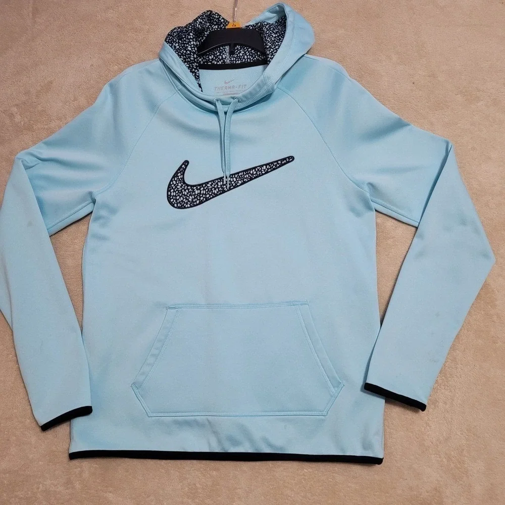 Nike Therma-FIT Hoodie Pullover Sweatshirt Floral Swoosh Light Blue L‎ FLAW